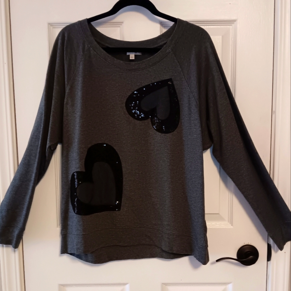 Halogen Sequin Heart Raglan Sleeve Round Neck Sweatshirt - Picture 2 of 7